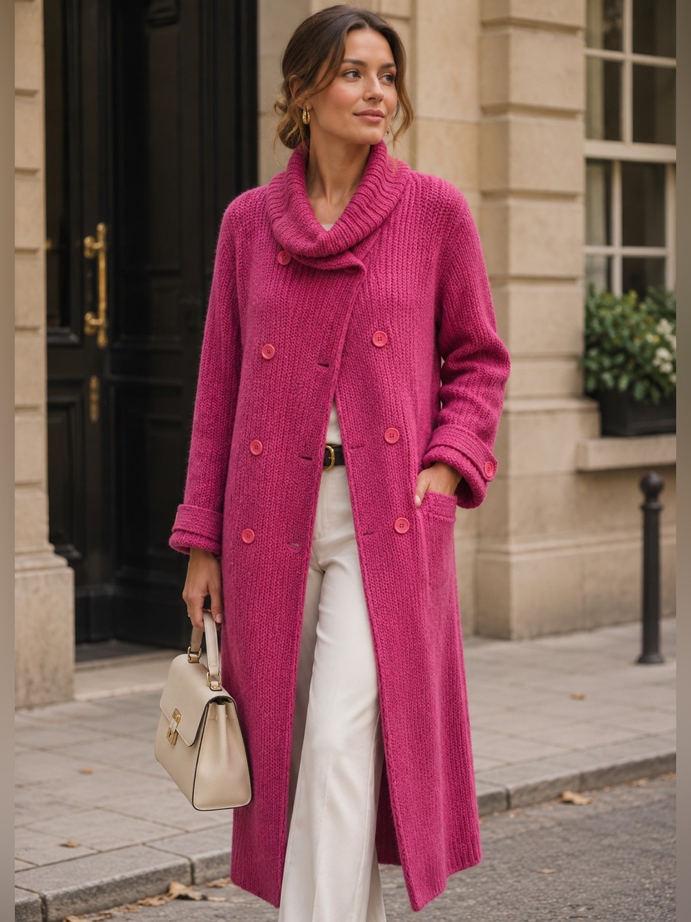 Together Hot Pink Chunky Knit Double-Breasted Long Cardigan with Wool, Small
